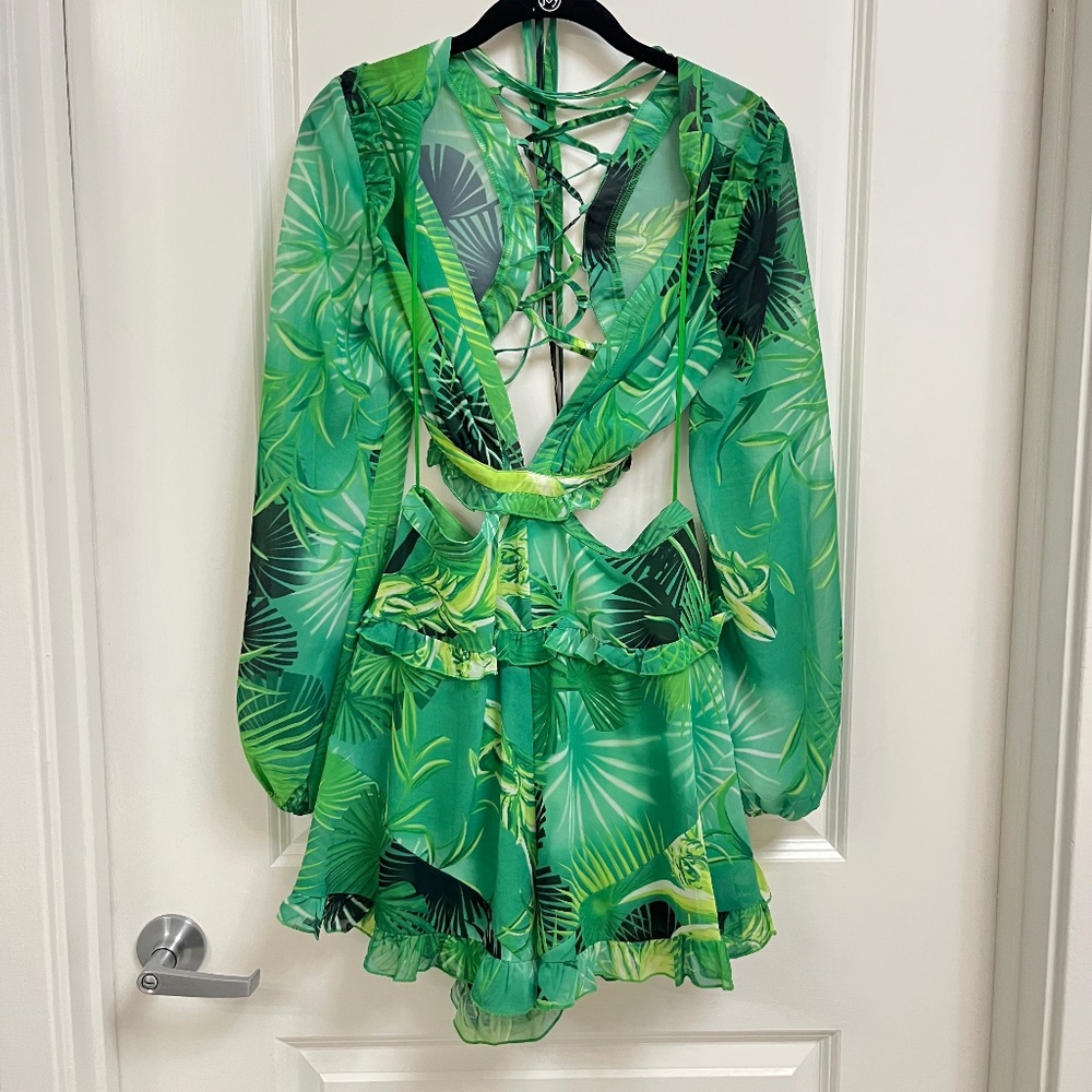 BLITHE Los Angeles Green Tropical Print Sheer Long Sleeve Romper – Size S